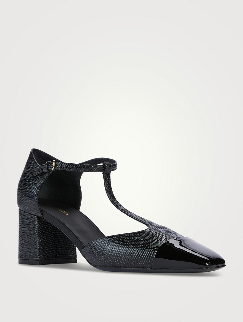Marilu Lizard-Embossed Leather T-Strap Pumps