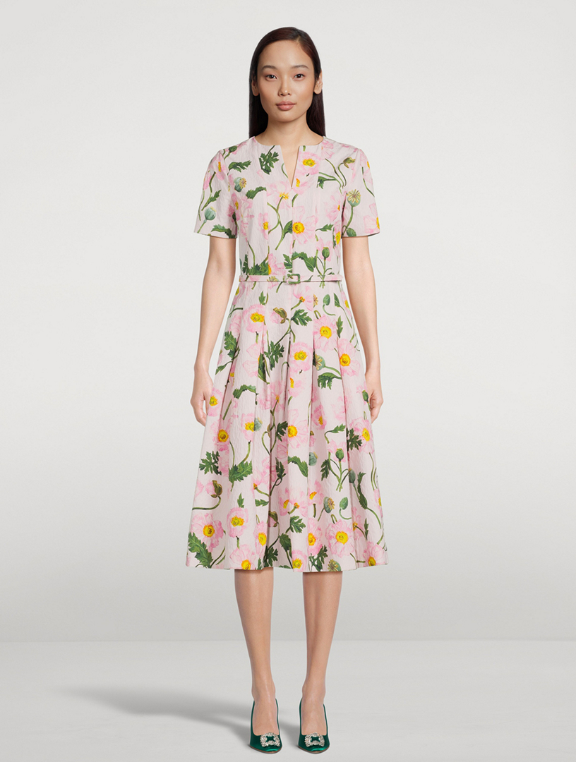 Belted Midi Dress Painted Poppies Print