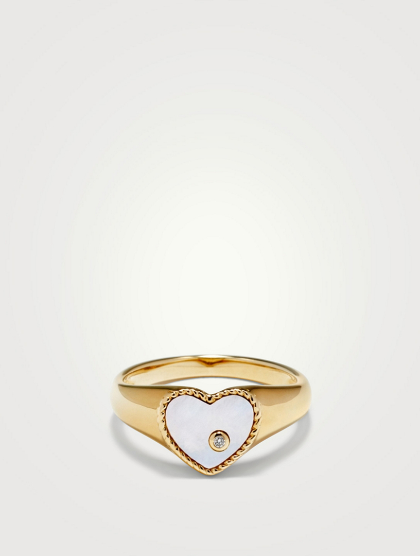 Baby Chevaliere 9K Gold Heart Ring With Mother-Of-Pearl And Diamond