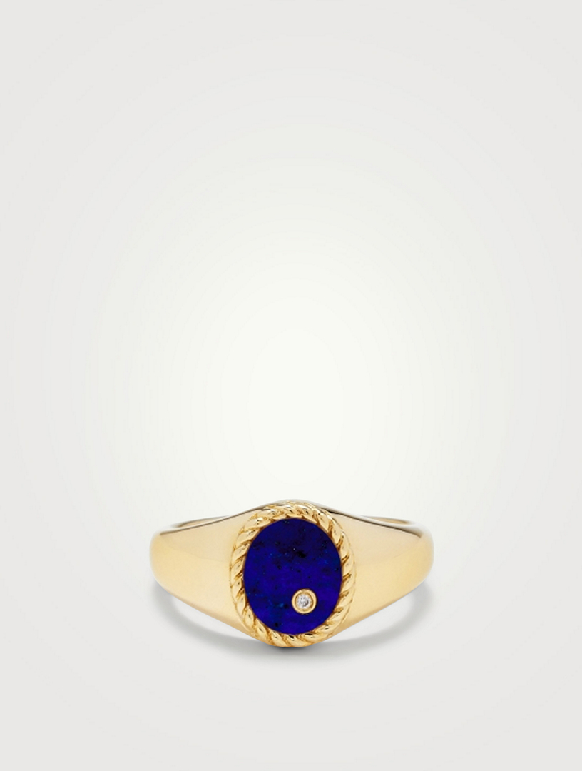 Baby Chevaliere 9K Gold Oval Ring With Lapis Lazuli And Diamond