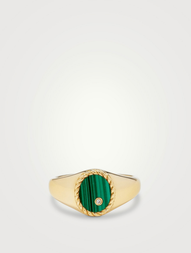 Baby Chevaliere 9K Gold Oval Ring With Malachite And Diamond