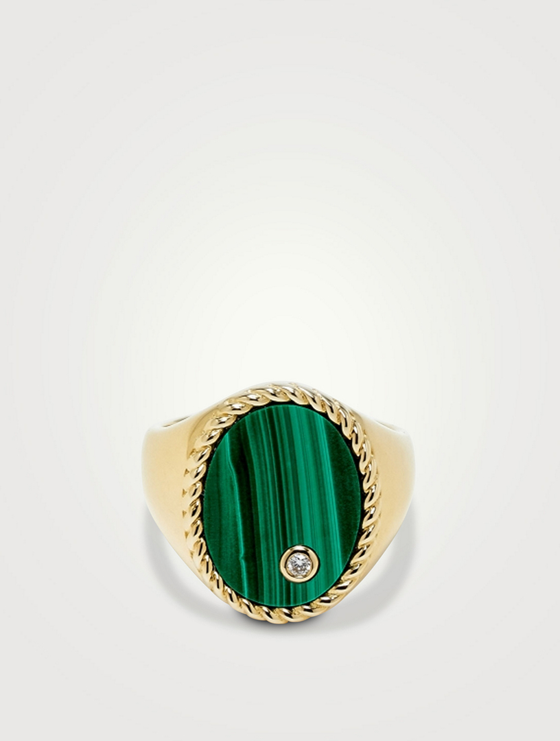 Chevaliere 9K Gold Oval Ring With Malachite And Diamond