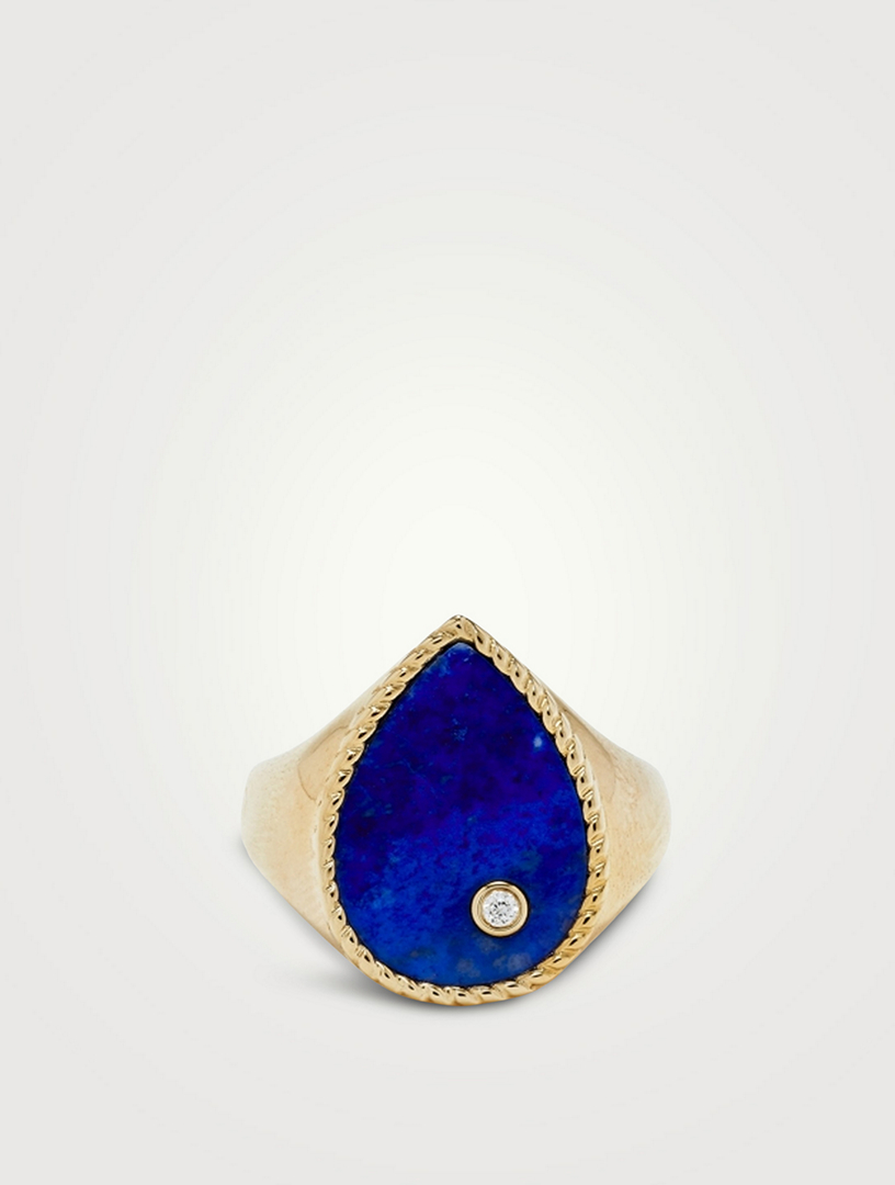 Chevaliere 9K Gold Pear Ring With Lapis Lazuli And Diamond