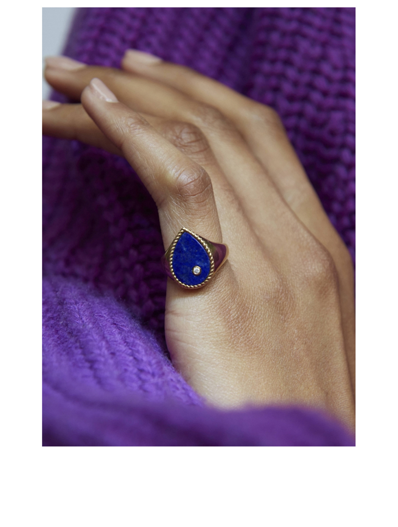 Chevaliere 9K Gold Pear Ring With Lapis Lazuli And Diamond