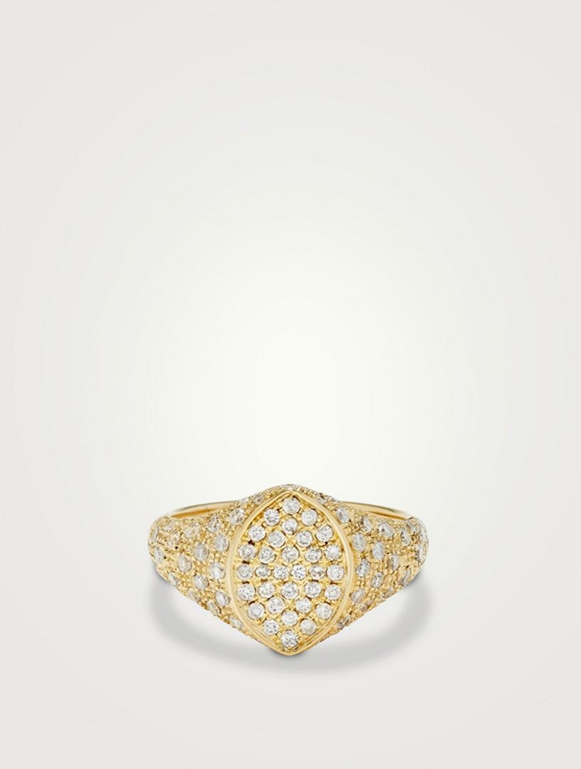 Mini Chevaliere 9K Gold Marquis Ring With Diamonds