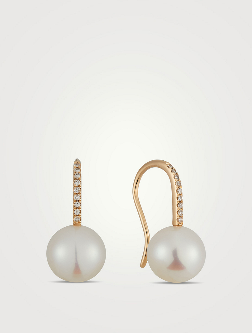 14K Gold Pearl Drop Earrings With Diamonds