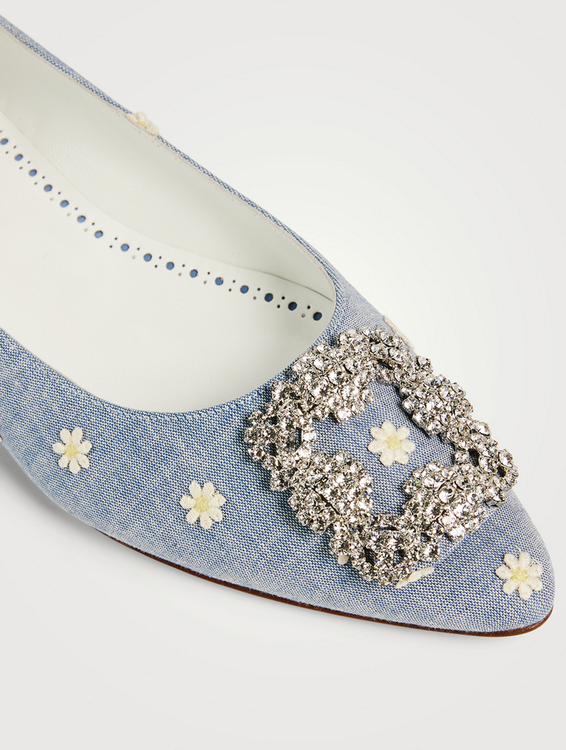 Hangisi Daisy-Embroidered Chambray Ballet Flats