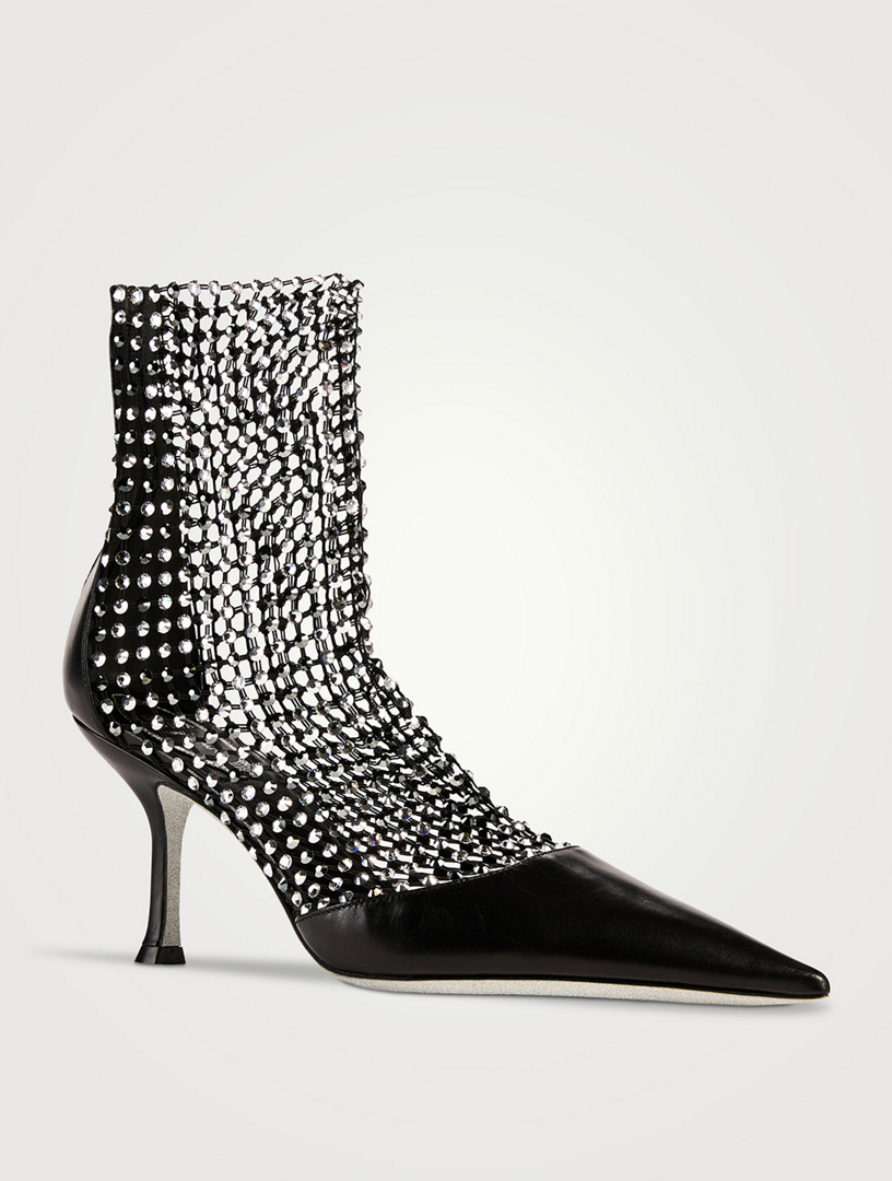 Décolleté Crystal Mesh And Leather Sock Boots