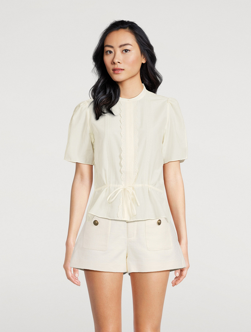 Cotton And Silk Cinched Lace Trim Blouse