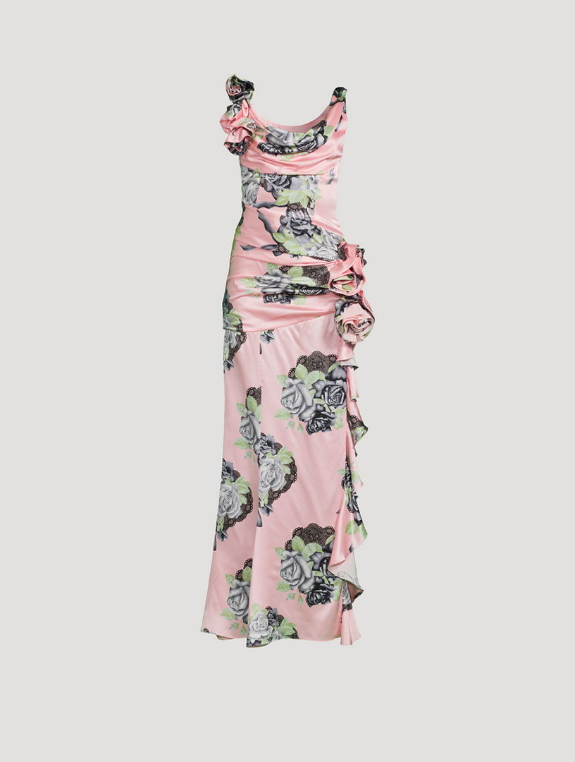 Silk Satin Evening Dress In Rose Print