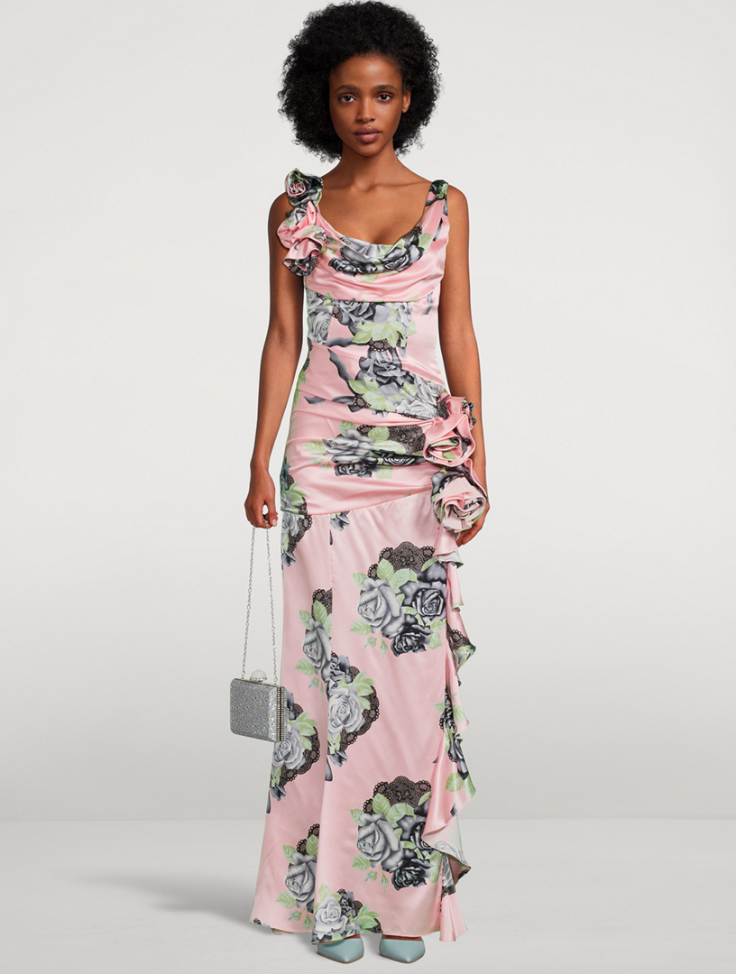 Silk Satin Evening Dress In Rose Print