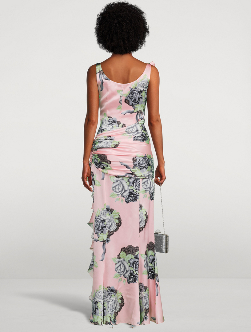 Silk Satin Evening Dress In Rose Print