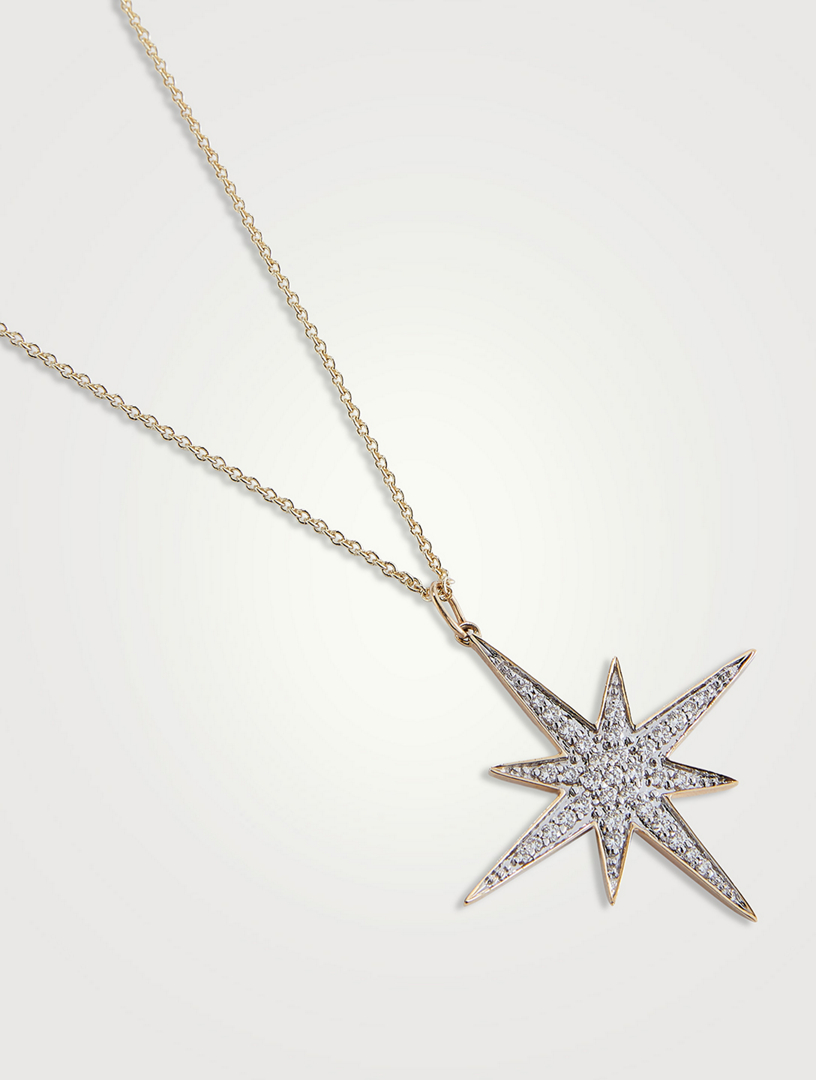 Large 14K Gold Starburst Pendant Necklace With Diamonds