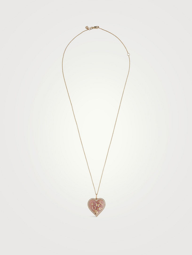 14K Gold Puffy Stone Icon Heart Pendant Necklace With Diamonds