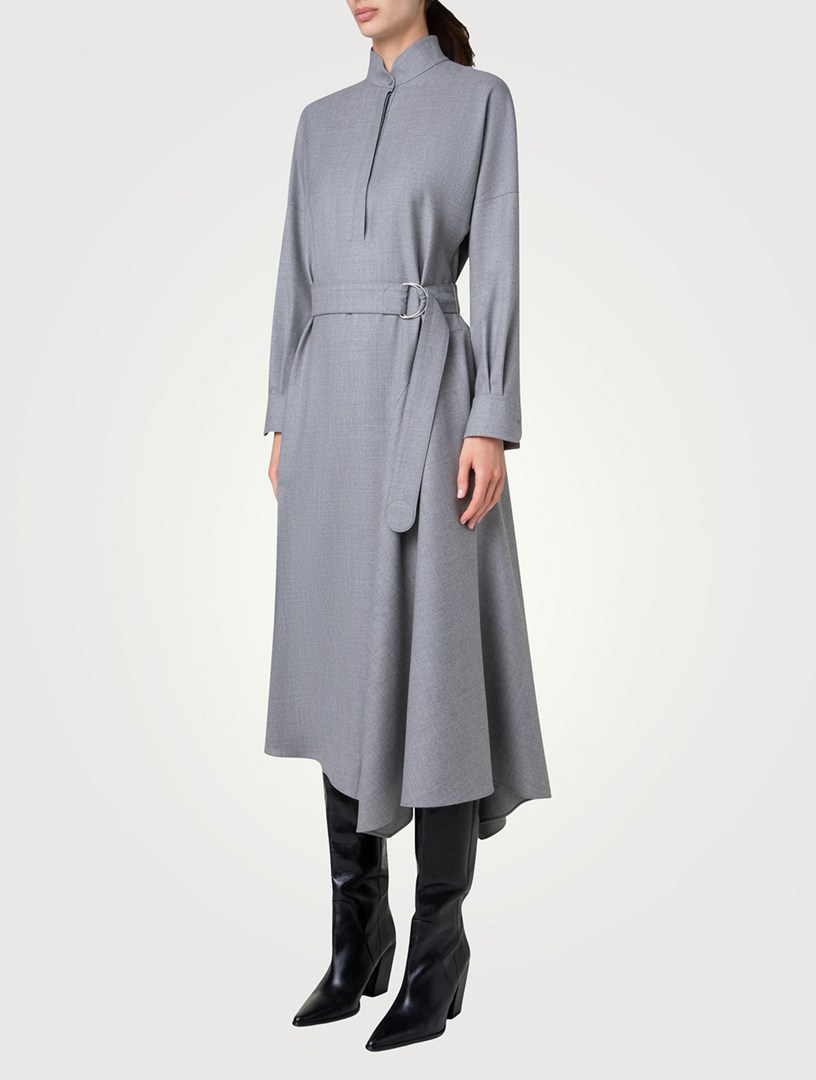 Belted Wool Flannel Shirt Dress