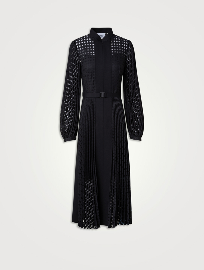 Mixed-Media Pleated Eyelet Shirt Dress