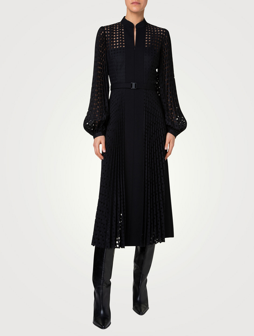 Mixed-Media Pleated Eyelet Shirt Dress