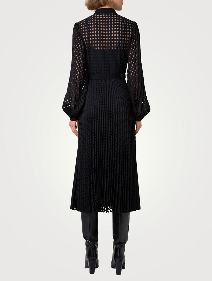 Mixed-Media Pleated Eyelet Shirt Dress