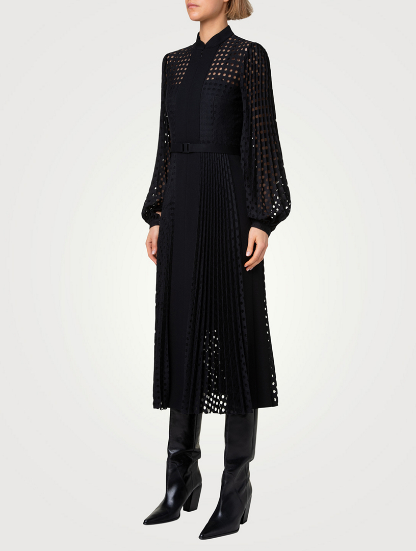 Mixed-Media Pleated Eyelet Shirt Dress