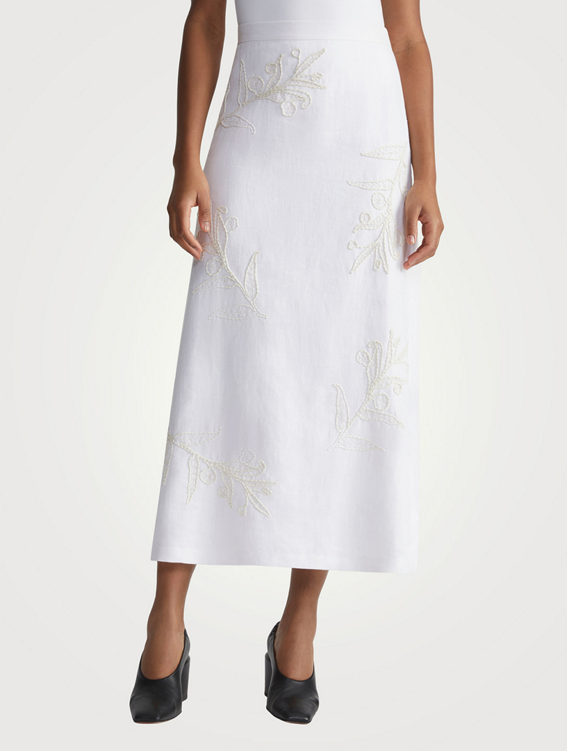 Flora-Embroidered Linen Midi Skirt