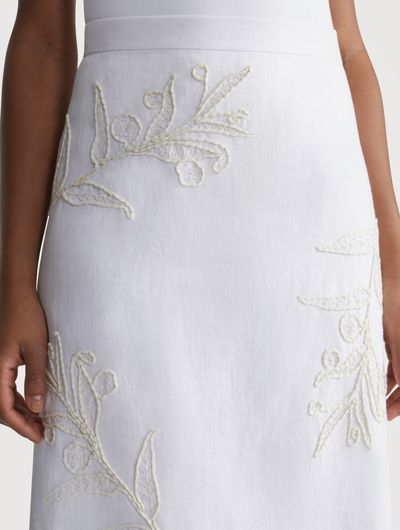 Flora-Embroidered Linen Midi Skirt