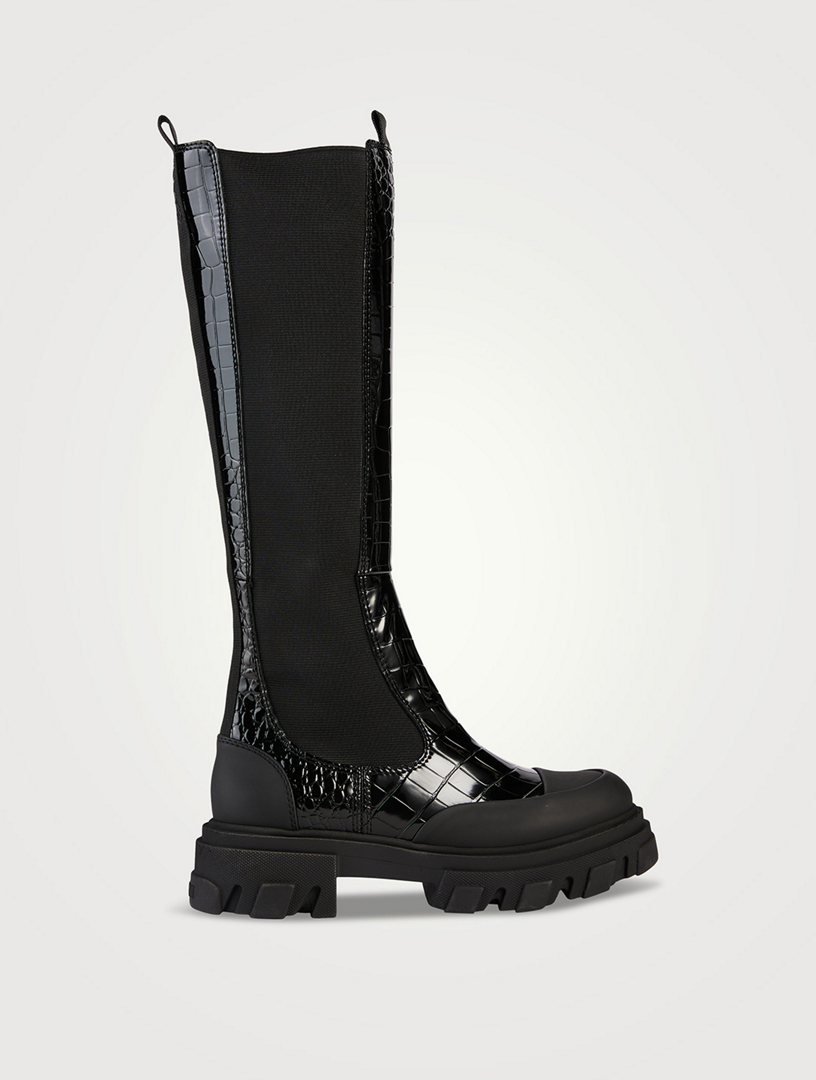 Croc Embossed Patent Knee High Boots