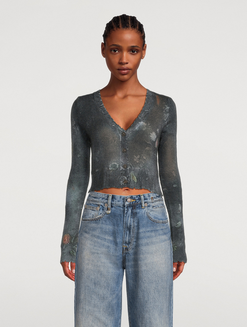 Shrunken Cashmere Cardigan Floral Print