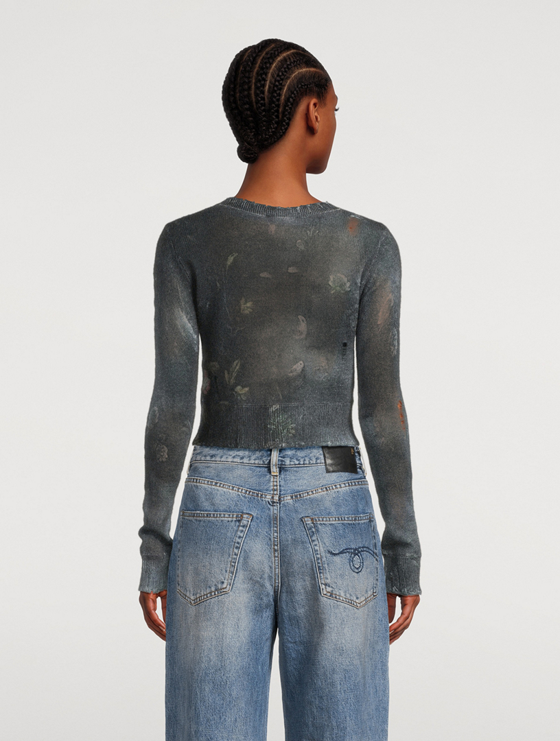 Shrunken Cashmere Cardigan Floral Print