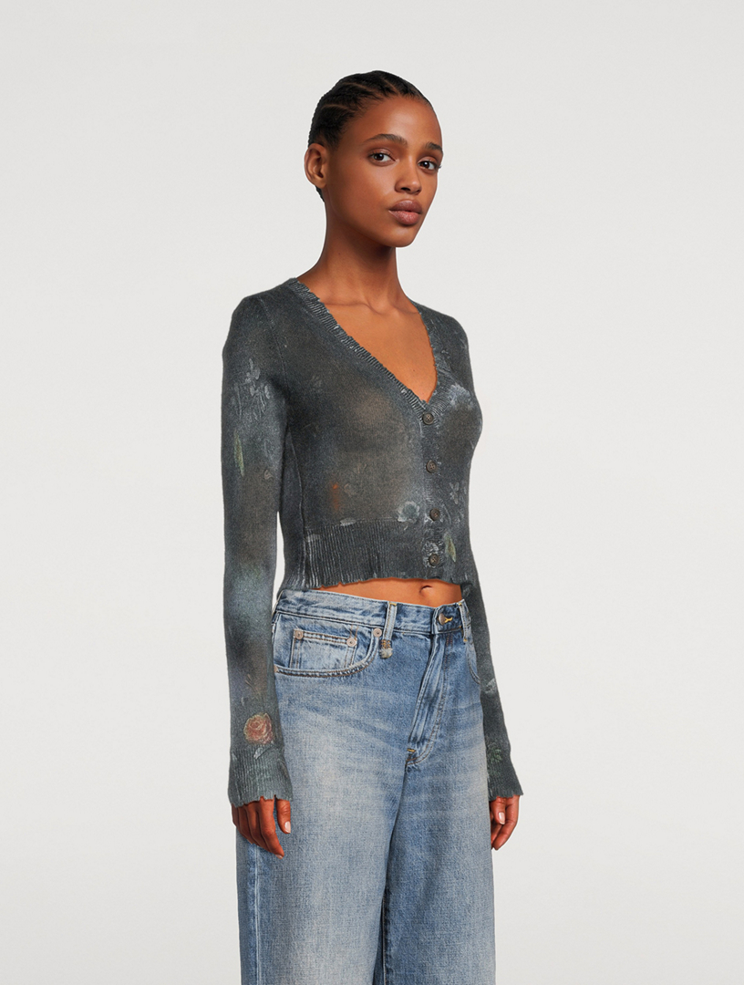 Shrunken Cashmere Cardigan Floral Print