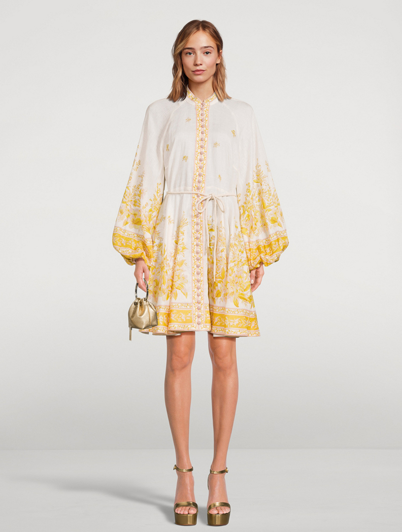 Golden Puff-Sleeve Linen Mini Dress In Floral Print