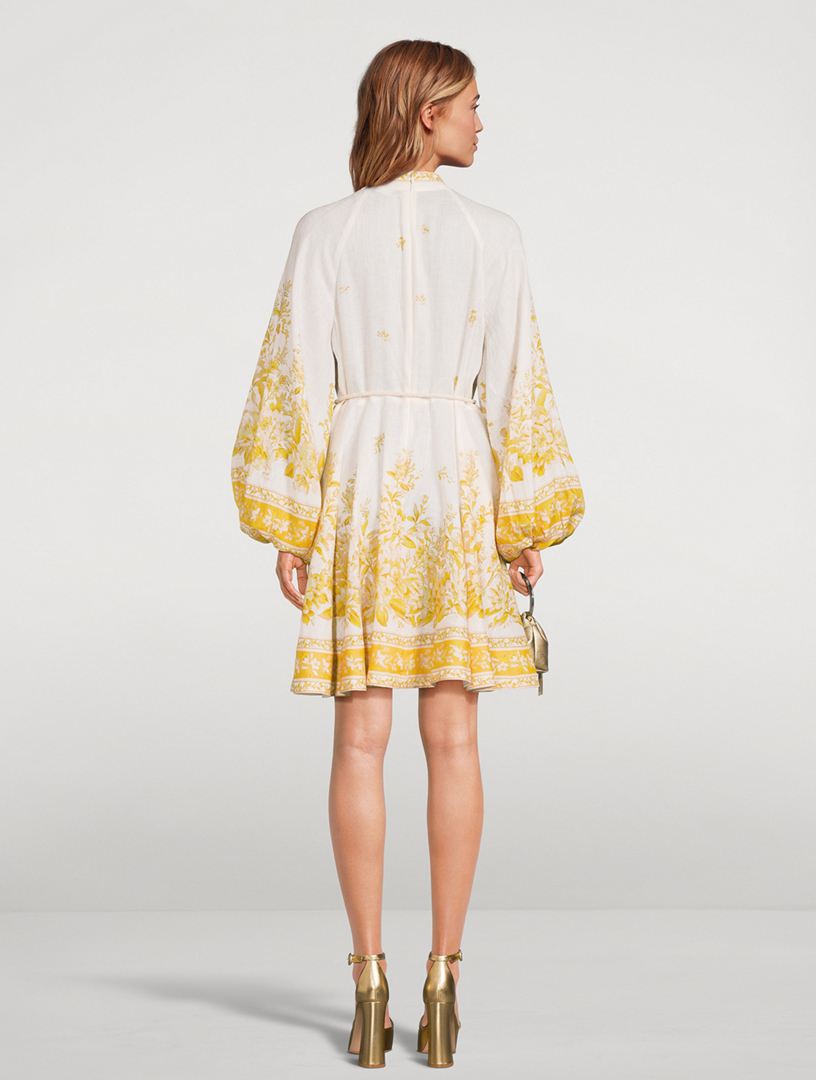 Golden Puff-Sleeve Linen Mini Dress Floral Print