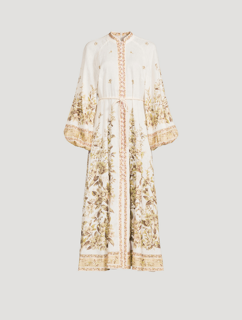 Golden Puff-Sleeve Linen Midi Dress Floral Print
