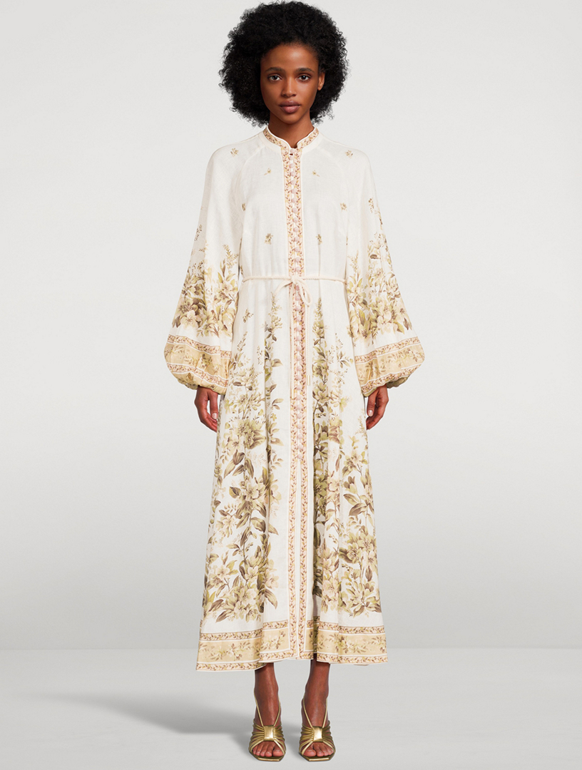 Golden Puff-Sleeve Linen Midi Dress Floral Print