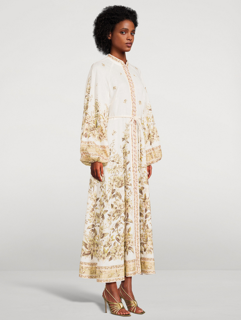 Golden Puff-Sleeve Linen Midi Dress Floral Print