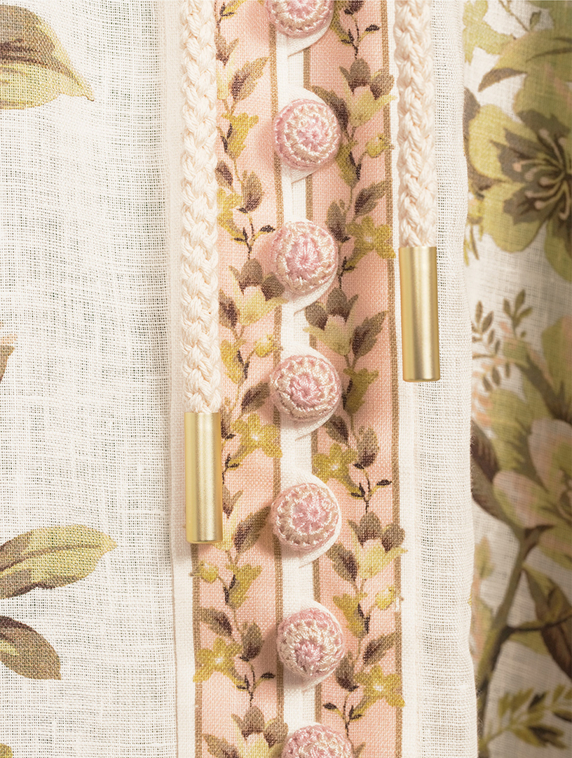 Golden Puff-Sleeve Linen Midi Dress Floral Print