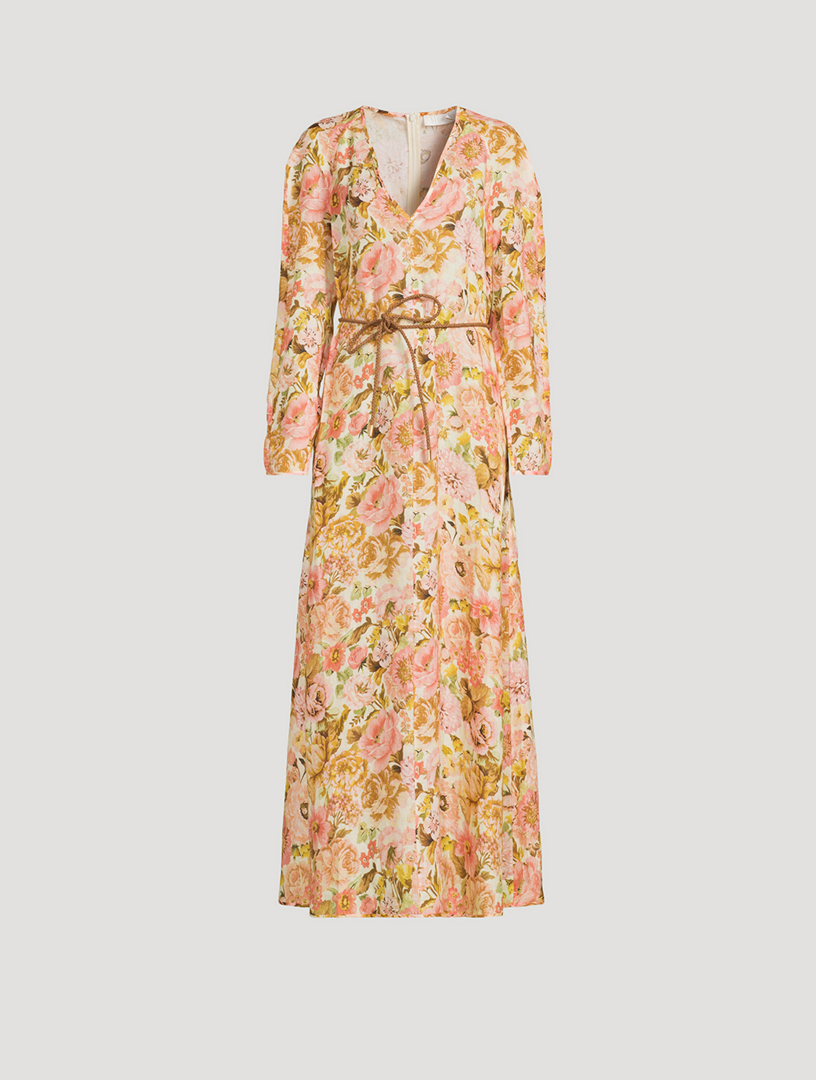 Golden Linen Maxi Dress Floral Print