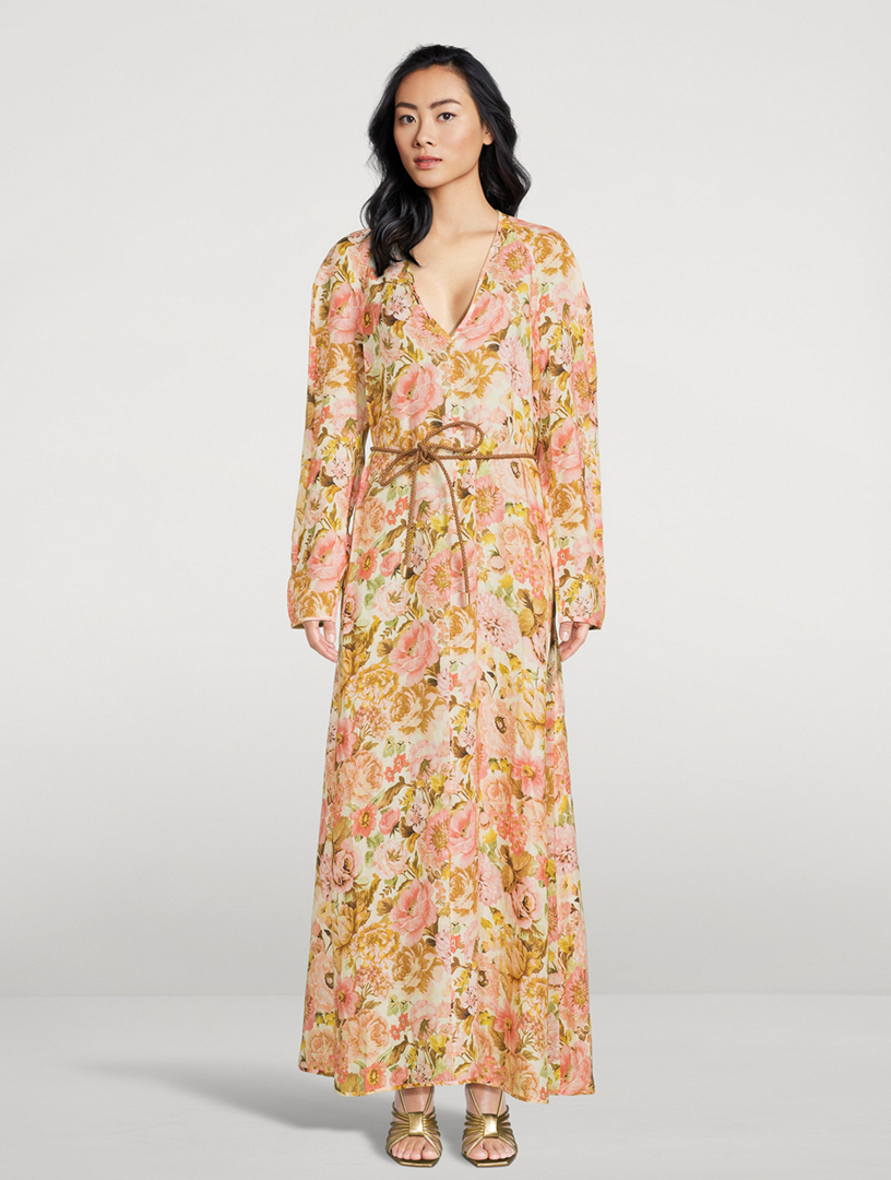 Golden Linen Maxi Dress Floral Print