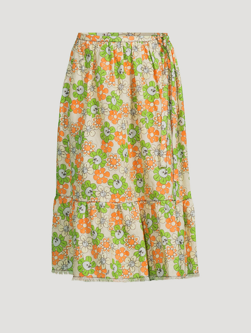 Linen Midi Skirt Floral Print