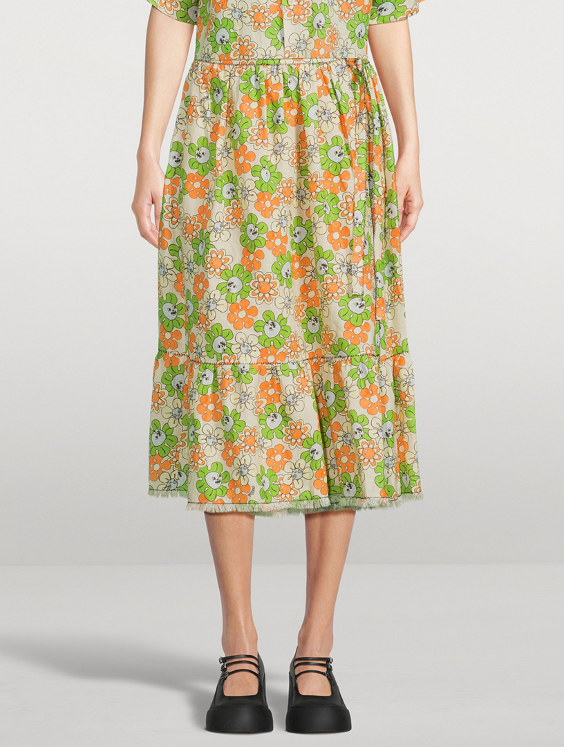Linen Midi Skirt Floral Print