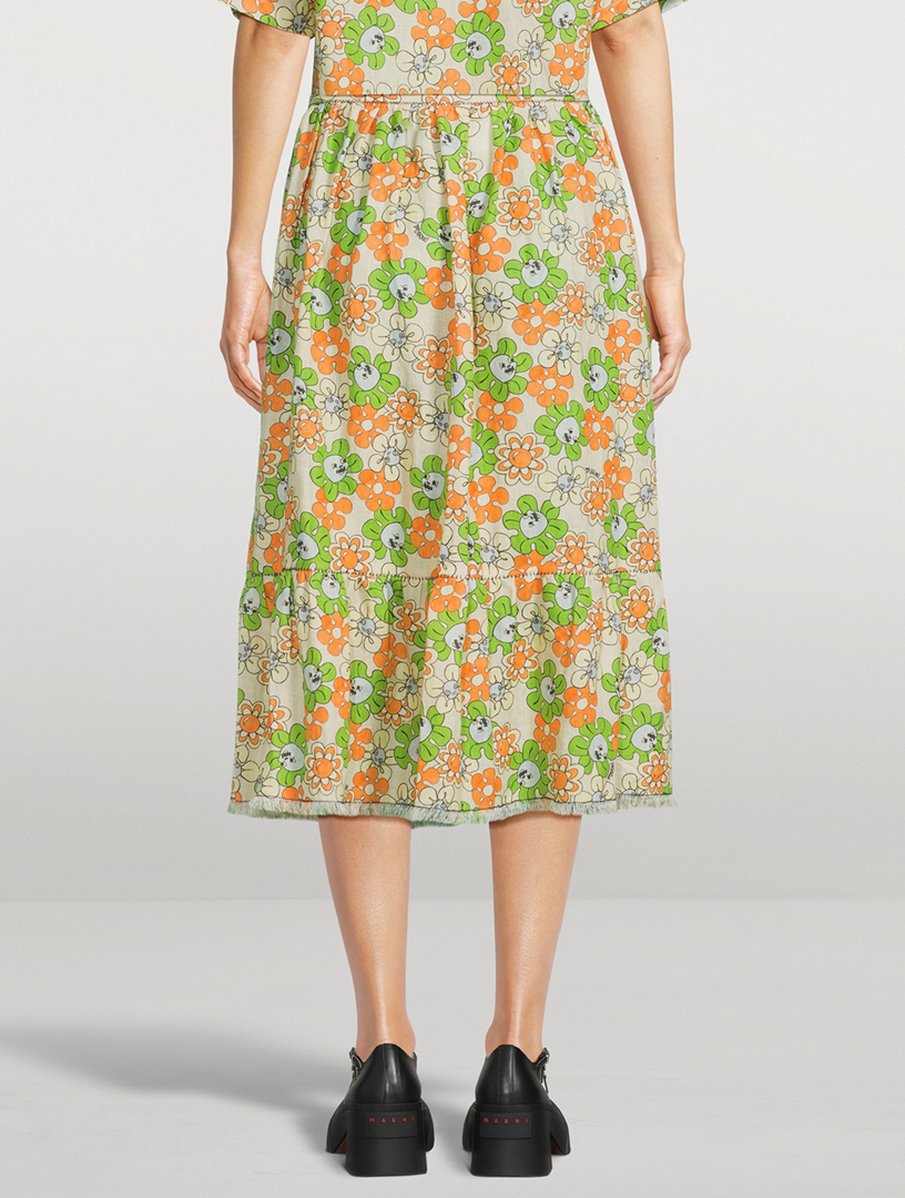 Linen Midi Skirt Floral Print