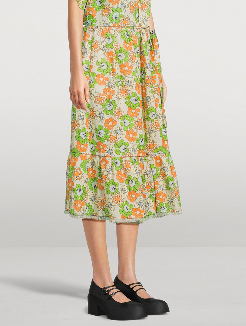 Linen Midi Skirt Floral Print