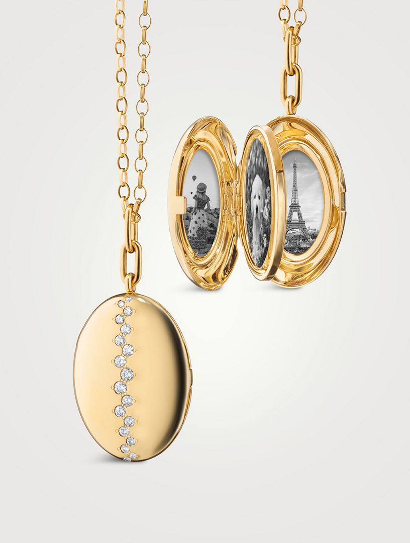 Luxe 18K Gold Four Image Locket Necklace With Staggered Diamonds