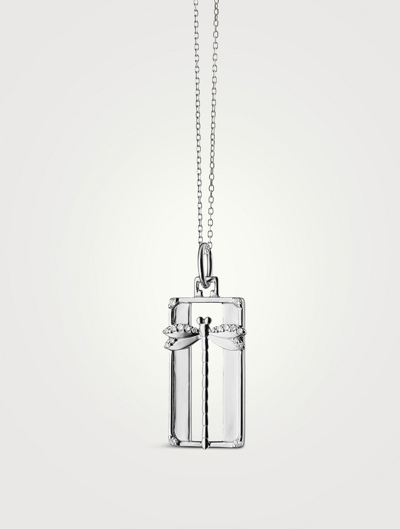 Silver Dragonfly Medallion Necklace With White Sapphire