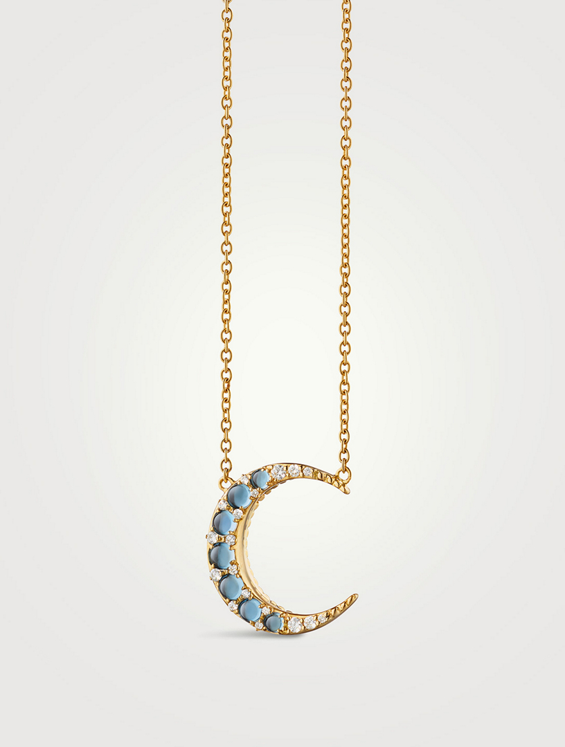 Aquamarine 18K Gold Crescent Moon Necklace With Turquoise And Diamonds