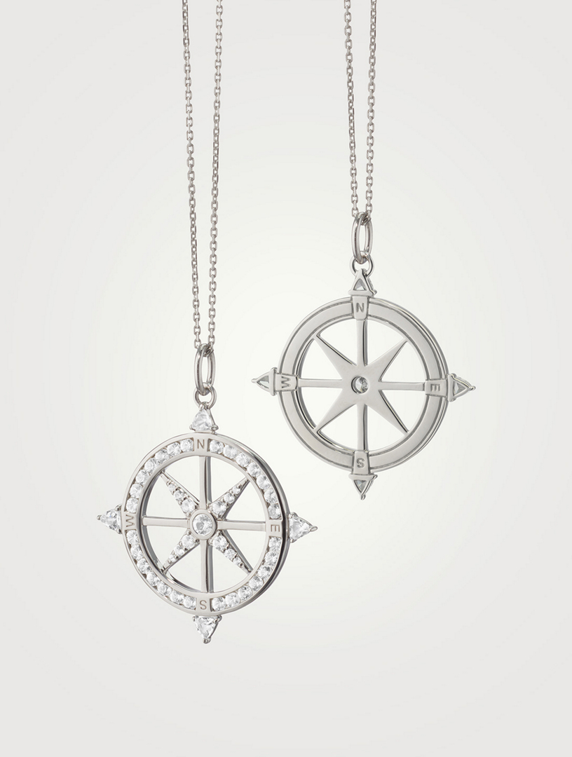 Adventure Silver Compass Necklace With White Sapphire