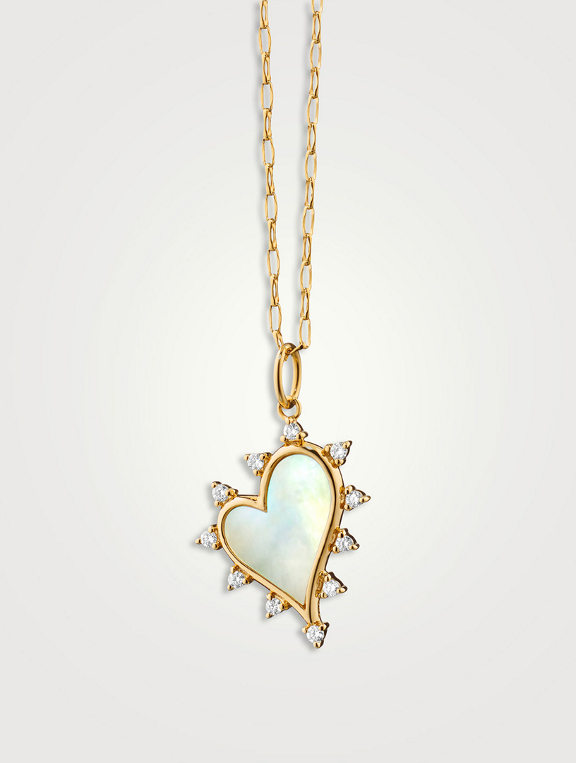 18K Gold Heart Necklace With Mother-Of-Pearl And Diamonds