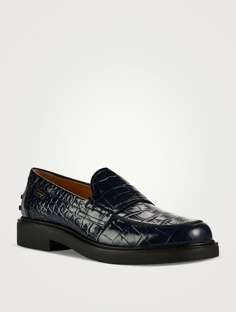 Croc-Embossed Leather Penny Loafers