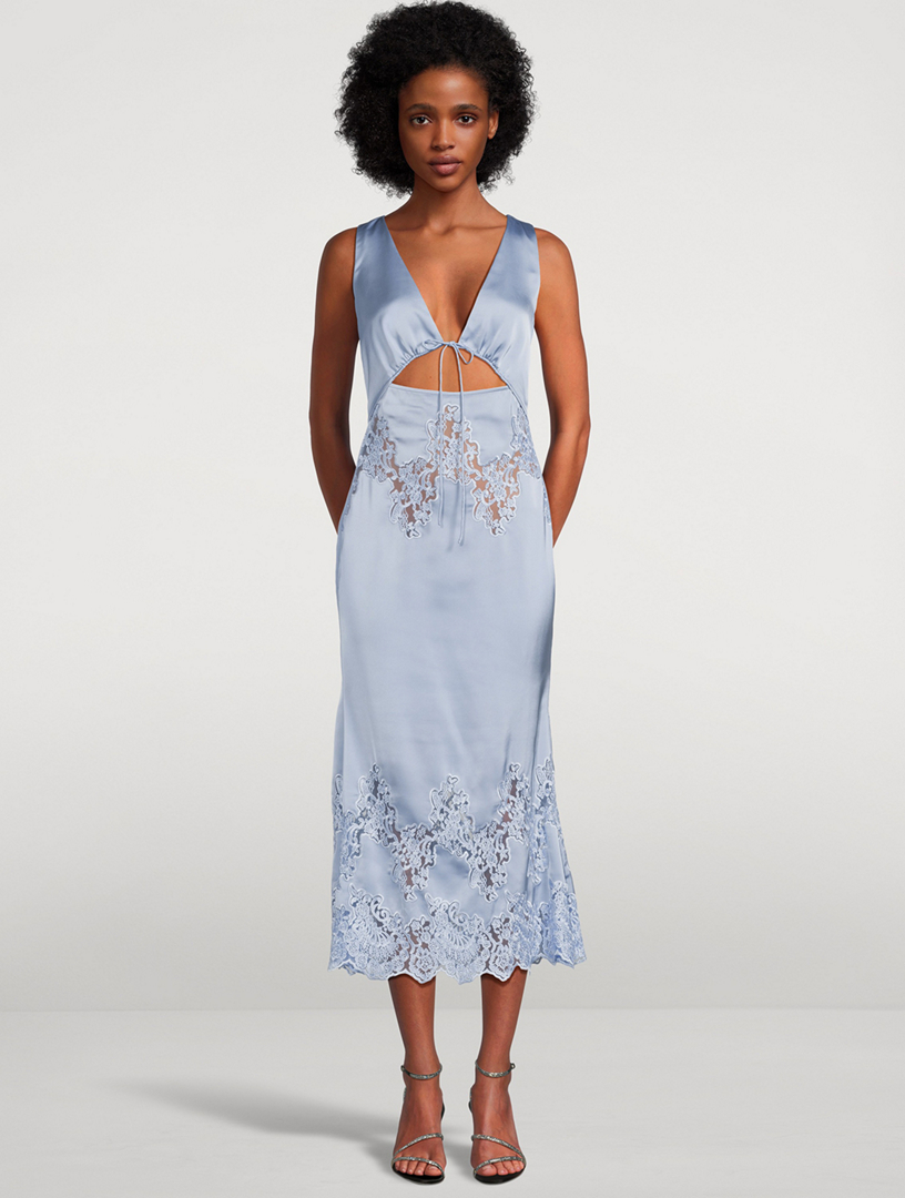 Lace-Trimmed Cut-Out Satin Midi Dress