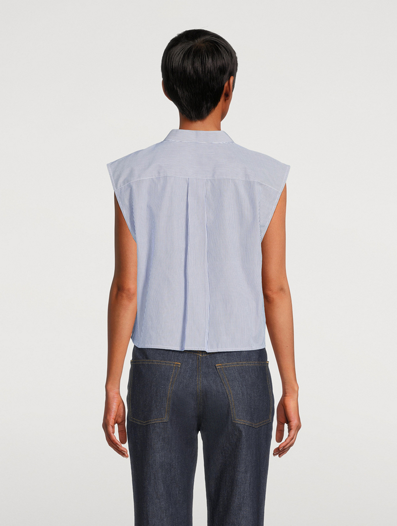 Sleeveless Tuxedo Shirt Stripe Print