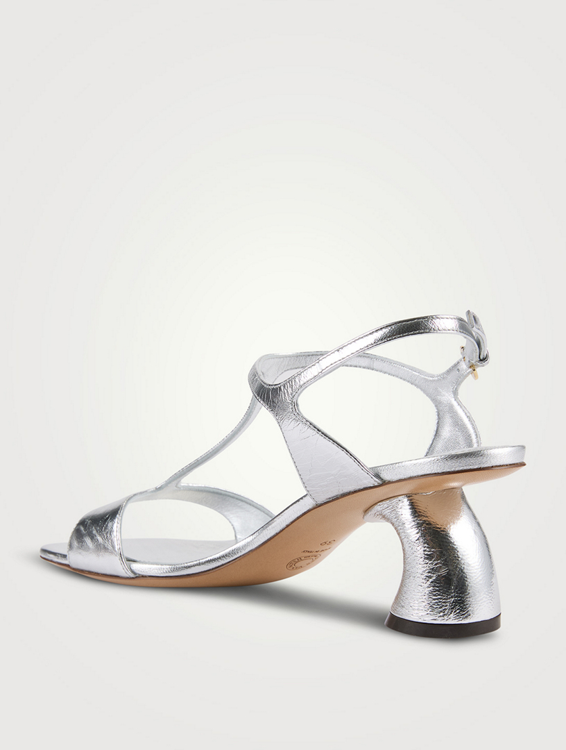 Curved-Heel Metallic Leather Sandals